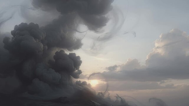 dramatic storm clouds and billowing smoke over horizon at dusk