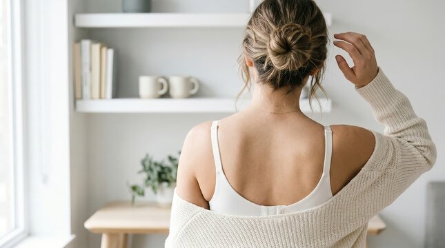 Rear View of Woman Adjusting Hair Bun in Bright Minimalist Interior Space