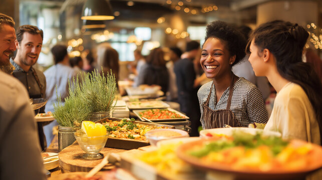 People chatting happily near buffet in a lively restaurant atmosphere