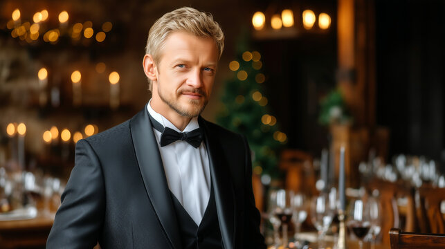 Elegant Man in Tuxedo at Formal Dinner Party with Warm Candlelight and Festive Decorations