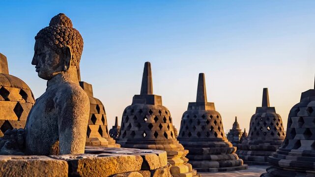 Ancient stone Buddha statue at Borobudur temple complex at sunrise