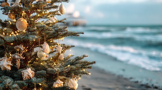 Christmas tree decorated with seashells on the beach at sunset.