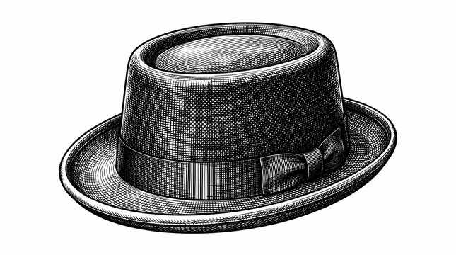 Black pork pie hat with flat crown isolated on white background, featuring retro style and modern fashion appeal.
