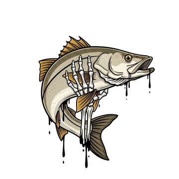 illustration Snook fish and skeleton hand with black drips a unique angling concept design.