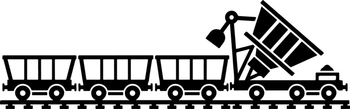 Industrial mining train, coal mine cart, railway vehicle, black silhouette icon