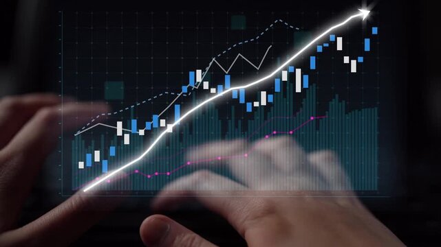 A pair of hands interact with a digital financial chart displaying candlestick graphs and upward trends, symbolizing investment growth and market analysis. Copula