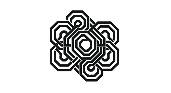 Intricate geometric knot design with interconnected octagons in black and white.