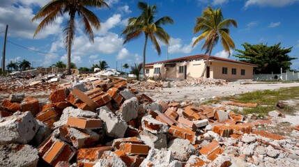 Fototapeta premium Destruction of Property After Natural Disaster, Debris and Ruins Among Palm Trees Against Bright Blue Sky