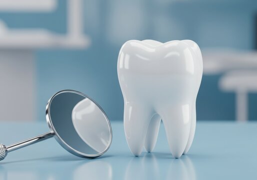 Healthy tooth and dental mirror in a bright clinic setting
