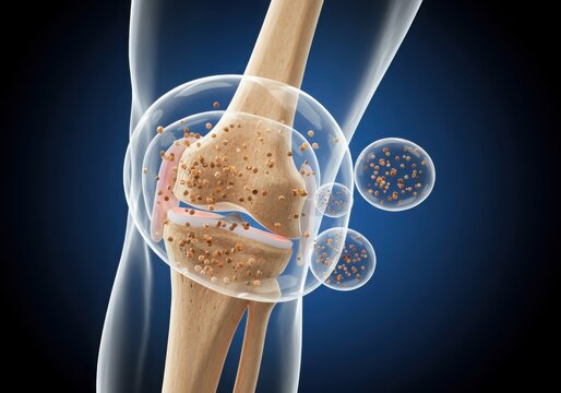 Detailed 3d illustration of a healthy human knee joint with synovial fluid bubbles