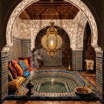 Moroccan Riad bathroom. A sunken tub with zellige tiles. Hand-hammered brass lanterns casting star-shaped shadows. Colorful cushions and incense smoke. Exotic, 1:1 ratio