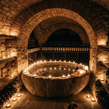Candlelit Wine Cellar bath. A stone tub tucked into a brick-arched cellar. Rows of wine bottles and hundreds of glowing tea lights. Intimate, warm, 1:1 ratio