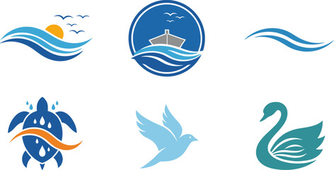 Nautical and Wildlife Logo Set Featuring Ocean Waves, Sunsets, Sailing Ships, Sea Turtles, Flying Doves, and Elegant Swans for Travel, Conservation, and Maritime Branding © MdMojnu