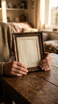 Father's day 2026 emotional old hands holding blank photo frame golden hour wooden desk vintage book mockup for Instagram tribute