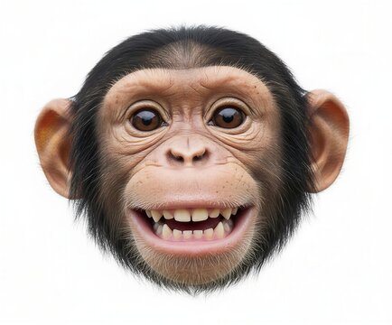 Smiling chimpanzee head isolated on white background. Close-up portrait of a happy monkey face showing teeth and expressive eyes.