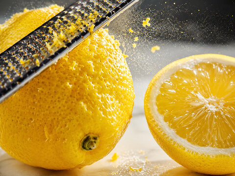 Ultra-macro extreme close-up of a Meyer lemon being freshly zested