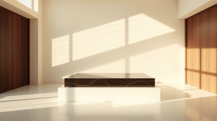 Fototapeta premium Minimalist interior. Platform center stage. Warm light creates dramatic shadows, highlighting textures, clean lines. Empty space evokes serenity.