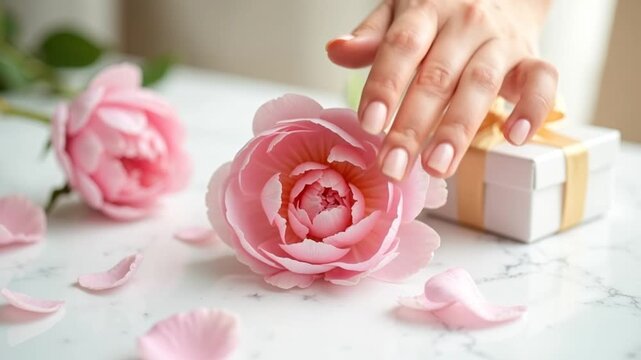 human finger gently placing a single fresh pink peony bloom onto a cle
