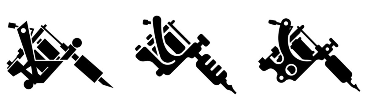 Vector Illustration Set of Tattoo Machine Icons, Silhouette Logo Elements