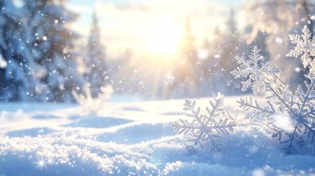 Snowflakes on a snowy ground with trees and a bright sun in the background