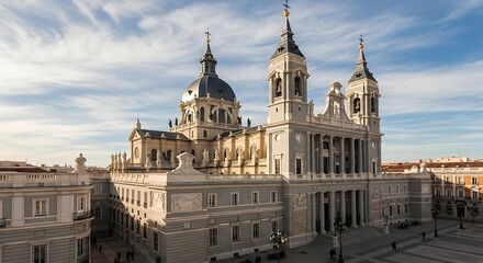 Obraz premium Cathedral architecture against a cloudy sky with building facades and sunlight