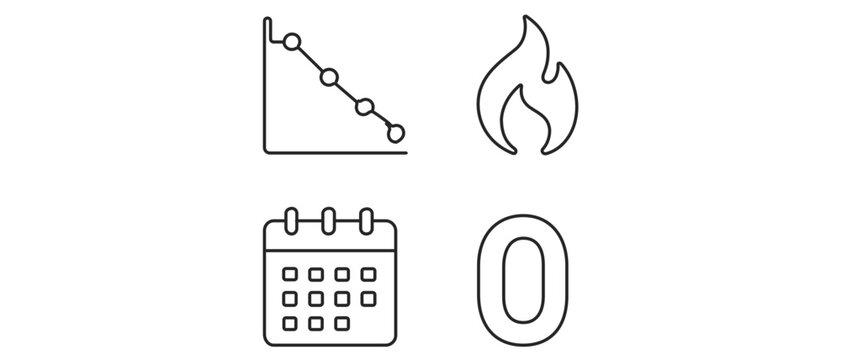 Sprint progress tracking icon bundle including a declining chart, fire emblem, desk calendar, and a zero numeral. Project management symbols with a flexible path width for graphic design.