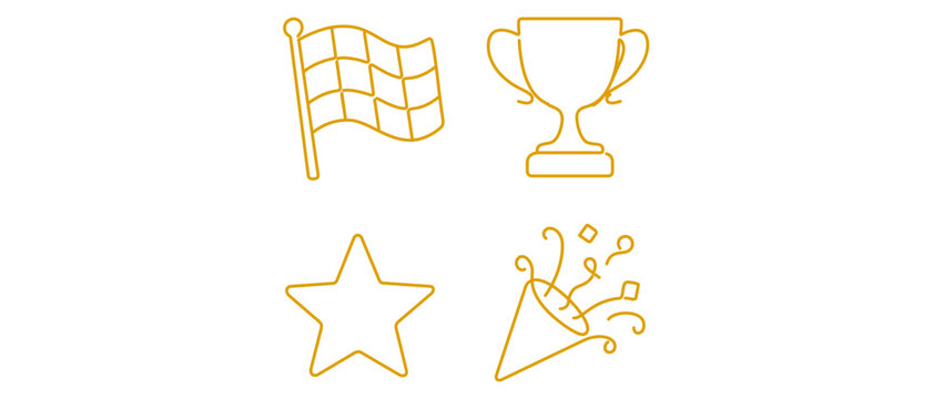Vector icon set featuring milestone achievement and celebration elements like a checkered flag gold trophy five point star and confetti popper with editable stroke for custom line weight design
