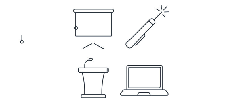 Modern Editable Stroke Vector Icon Set for Office Presentations including projection screens, laser pointers, podiums, and laptops, perfect for corporate project management and public speaking.