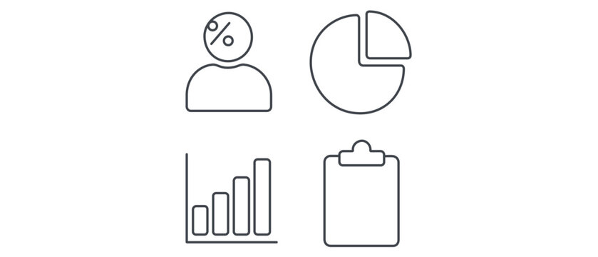 Collection of 4 icons for resource allocation mapping, including a person silhouette, pie chart, bar graph, and clipboard reporting, designed with an editable stroke for easy customization.