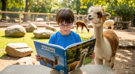 Fototapeta premium A young boy reading an alpaca book at zoo with an alpaca beside him