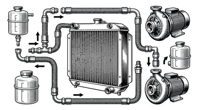 Car radiator cooling system with pipes and fans.