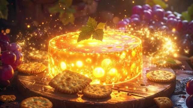 A glowing cheese wheel with grapes and crackers on a wooden surface