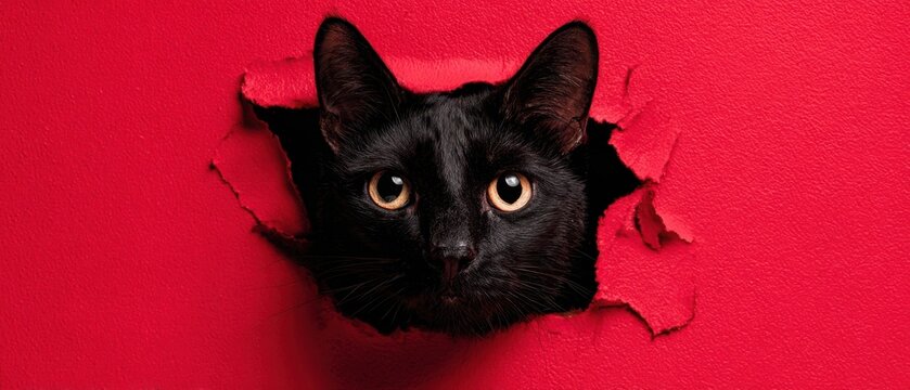 The cat peeking through a ripped red paper wall with curious golden eyes