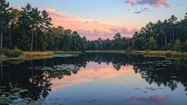 Beautiful sunset over a calm lake with trees and colorful sky reflection