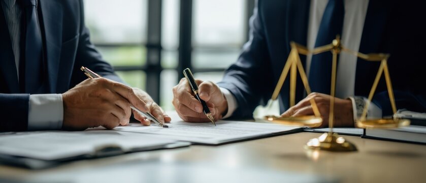 The Lawyers Signing a Business Contract at a Desk with Scales of Justice