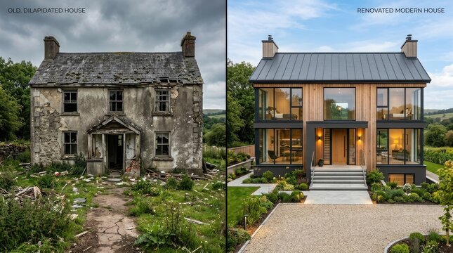 Dilapidated stone cottage compared to renovated modern home exterior old house