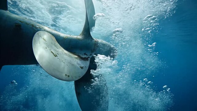 Underwater cinematic shot of a rotating ship propeller creating numerous bubbles in clear blue ocean water, symbolizing powerful forward movement, marine travel, and industrious journeys at sea.
