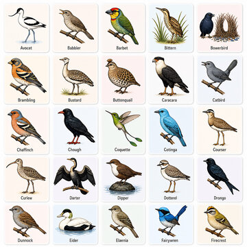 Vintage bird illustration set of 25 species, antique ornithology chart with labeled wild birds, colorful avian wildlife collection for education isolated PNG with Transparent Background