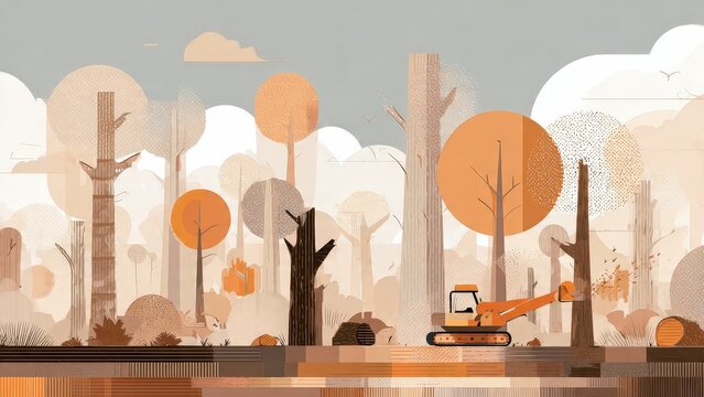 Stylized Autumn Forest Scene with Excavator and Trees in Warm Colors