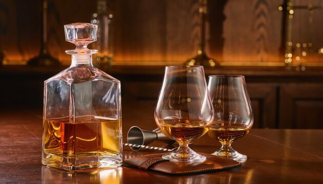 Glass decanter and two tulip tasting glasses filled with amber whiskey on a dark wooden bar counter with a metal jigger and bar spoon in a warm dimly lit interior setting.