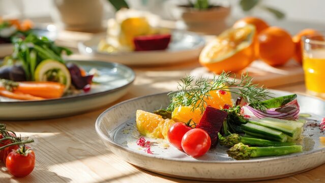 Fresh Vegetable Salad on White Plate with Cherry Tomatoes and Herbs in Bright Kitchen Setting