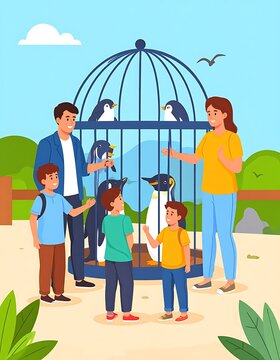 Family visiting zoo with children outdoors.
