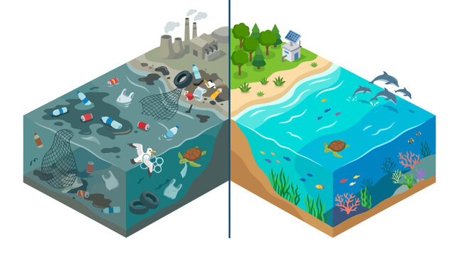 Split isometric illustration contrasting polluted water with plastic and trash, against clean ocean water with marine life, showing the impact of industrial waste, in a bright