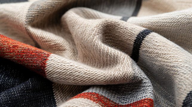 Close-up of a gray and white cat resting on a red and gray plaid blanket