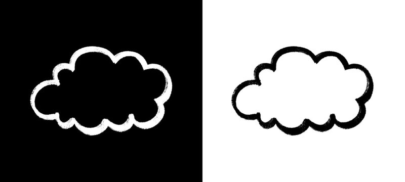 White cloud illustrations in hand drawn crayon style on black background. Creative chalk doodle element with rough texture for modern graphic design projects.