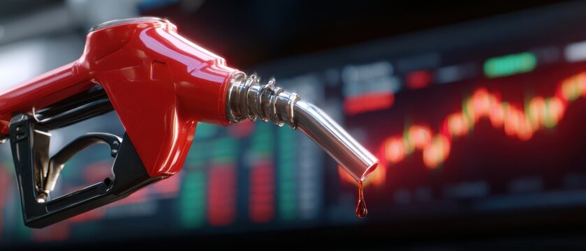 The fuel pump nozzle dripping oil against a blurred stock market graph
