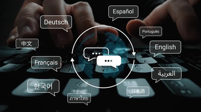 Global Communication Concept with Multi-language Text Bubbles Over Laptop Keyboard Illustrating Diversity in Language Learning and Interaction Gluon.