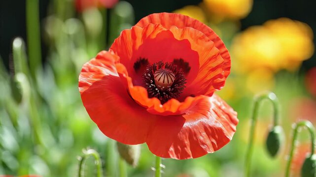 Vibrant Red Poppy Flower Blooms in a Sunlit Garden.