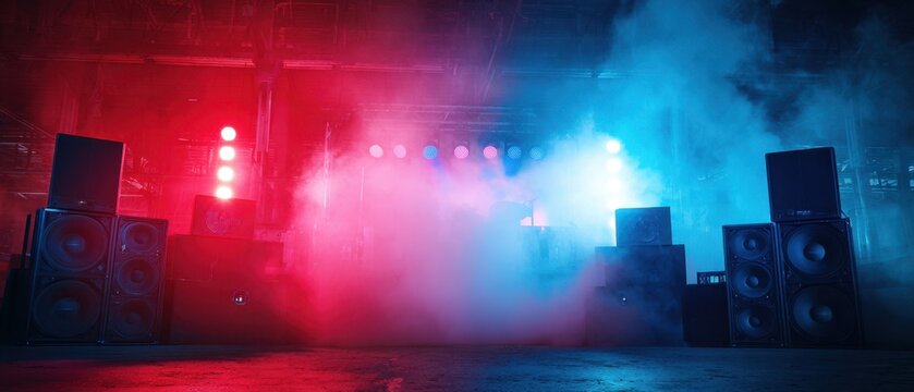 The Speaker Stacks on a Foggy Neon Lit Concert Stage with Dramatic Colored Lights
