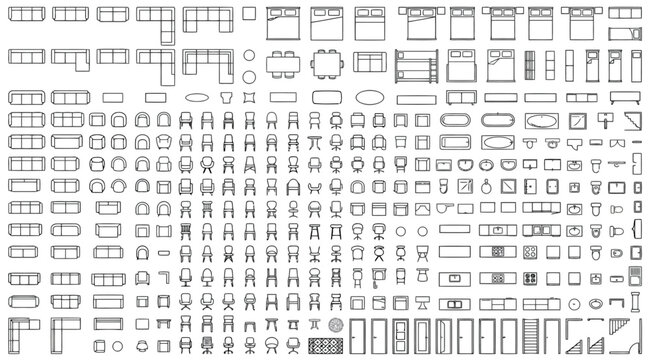 Large set of furniture and architectural floor plan symbols, top view